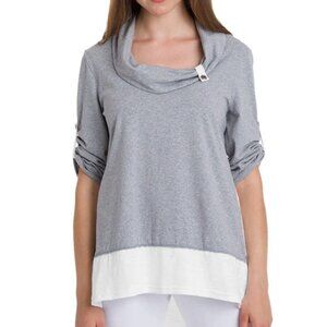 Neon Buddha Size 2X  Surf Tunic Top Grey White Cowl Neck 3/4 Tab Sleeves